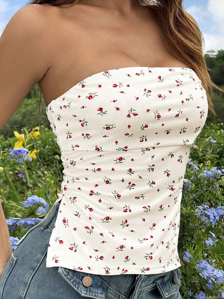 Womens Off Shoulder Ruffle Crop Tops Floral Print Strapless Tube Tops Sleeveless Bandeau Casual Shirts Summer Blouses
