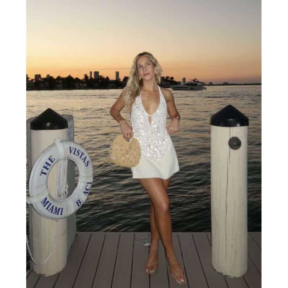 Spring Summer Hot Sale European American Deep V Sequin Halter Sexy Backless Vacation Style Music Festival Party 2025 New Casual Fashion Trendy Clothin