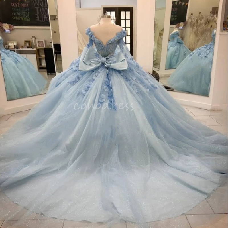 Elegant Light Blue Quinceanera Dress 2025 With Flowers Off Shoulders Long Sleeve Sweet 16 Dress 2025 Party Gown Vestidos De Xv Anos Fiffteen Birthday 