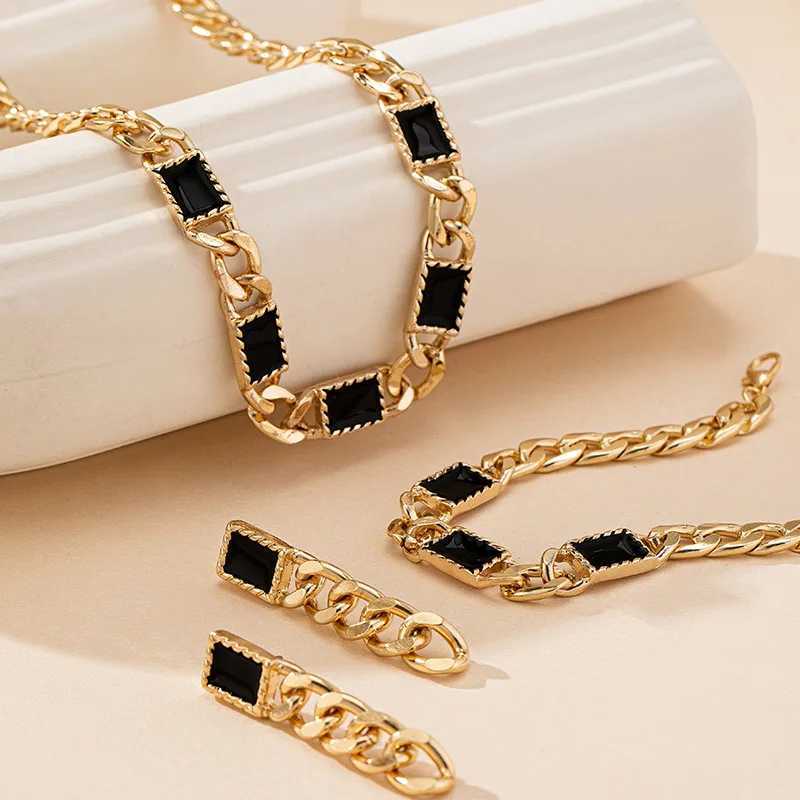 Waterproof Gold Plated StainlESS Steel Fashion Jewelry Sets for Women Black Glass Stone Necklace Earring AccESSories Z250607
