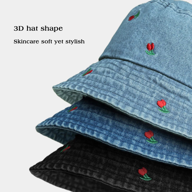 Korean Embroidered Heart Bucket Hat for Women Washed Denim Fisherman Cap Unisex Bob Caps Summer Panama Hats 250605