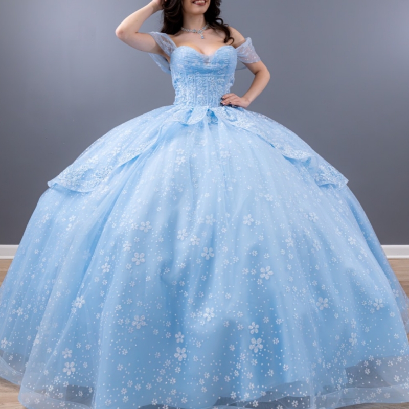 Sky Blue Shiny Quinceanera Dresses Ball Gown Off The Shoulder Sequin Applique Lace Beading Tull Sweet 16 Dress Vestidos 15 De Anos