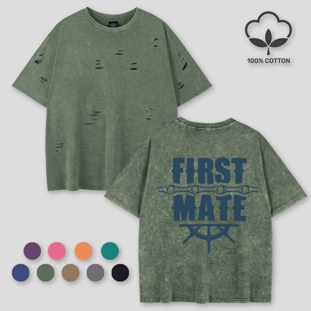 First Mate Prints Washed Women Holes T-Shirt Cotton Breathable T Shirts Trendy Unisex Tee Top Soft Loose Vintage Short Female