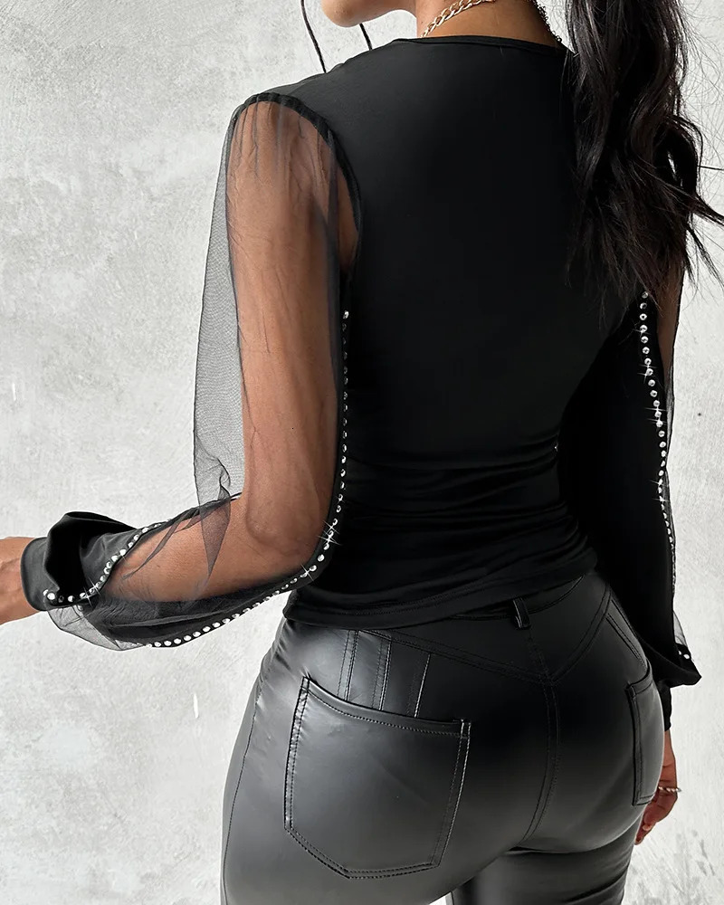 Fashion Sexy Deep V Neck Pullover Shirt Women Tops Elegant Plunge Sheer Mesh Patch Rhinestone Top Blouse Female blusas mujer 250605