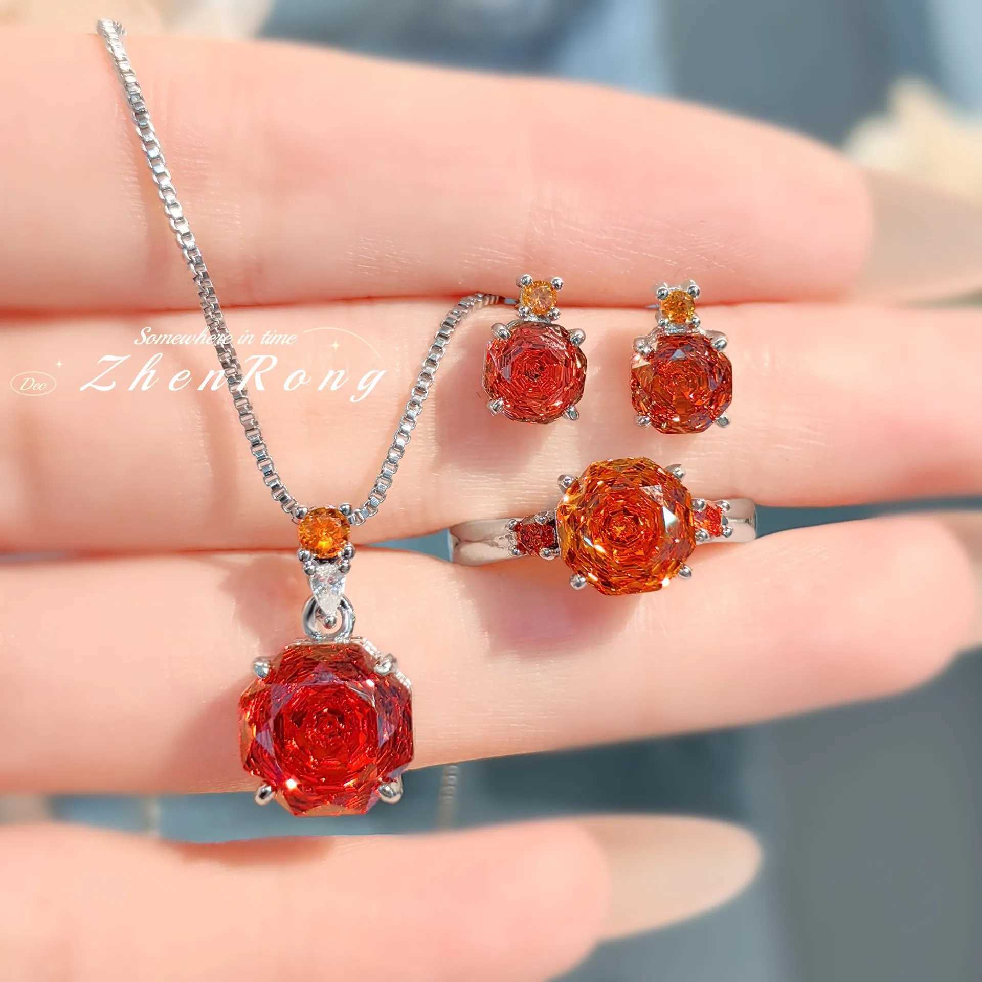 New Rose Cut Dream Color Zircon Crystal Pendant Necklaces Stud Earrings Rings For Women Fashion Luxury Female Jewelry Sets Z250607