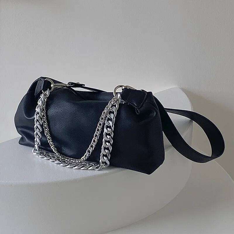 Fashion Women Messenger Bag PU Leather Elegant Chain Money Purse Shoulder Crossbody Bags Pouch Solid Color Ladies Handbags Black
