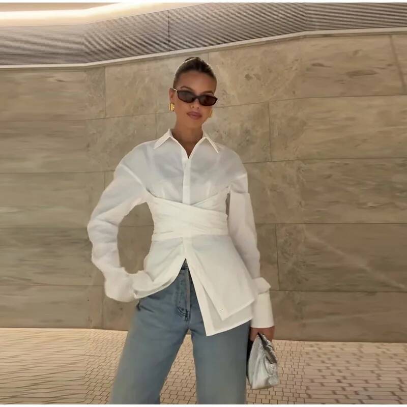 Elegant Women's Waist Up White Shirt Pleat Lapel Long Sleeve Button Blouses Top 2025 Spring Summer Lady High Street Outwear New