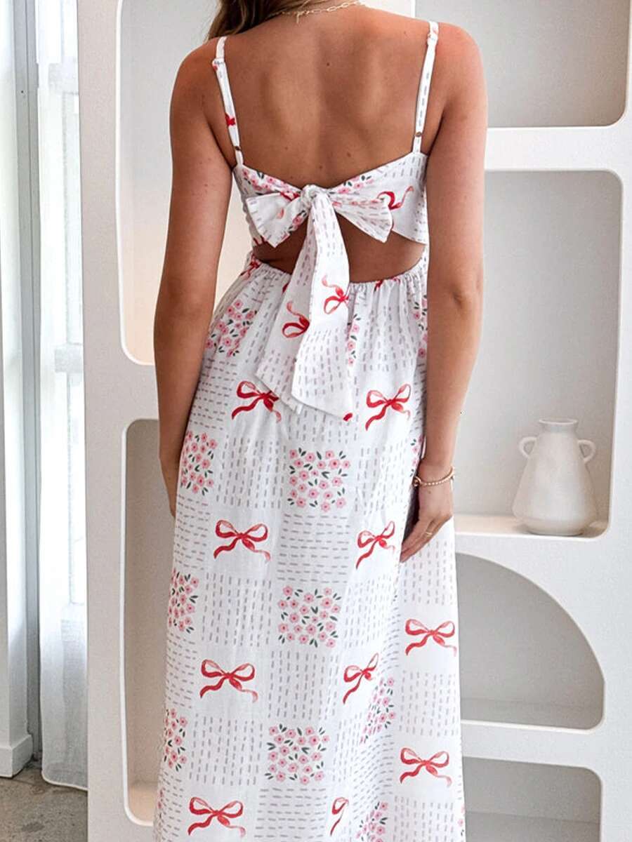 Elegant Sleeveless Lace V-neck A-line Evening Gown with Bow Detail and Floral Embroidery for Formal Events and Weddings