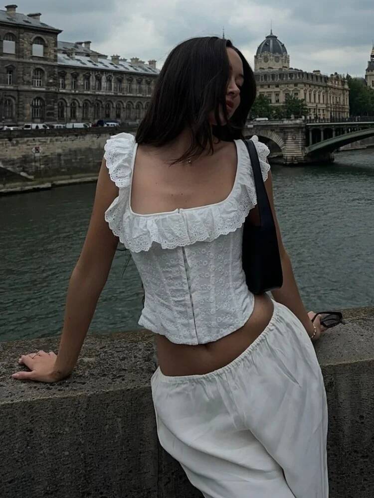 Elegant White Ruffles Lace Up Cropped Tops Summer Chic Crochet Flower Hollow Out Slim Fit Sling Top 2025 Sexy Female Streetwear