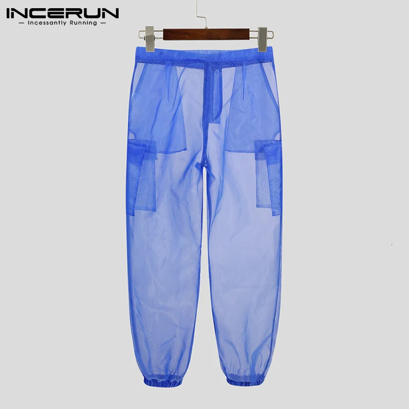 INCERUN Men Mesh Sleep Bottoms Lace Transparent Drawstring Sexy Homewear Pockets Breathable Trousers Male Sleep Pants S-5XL 250605