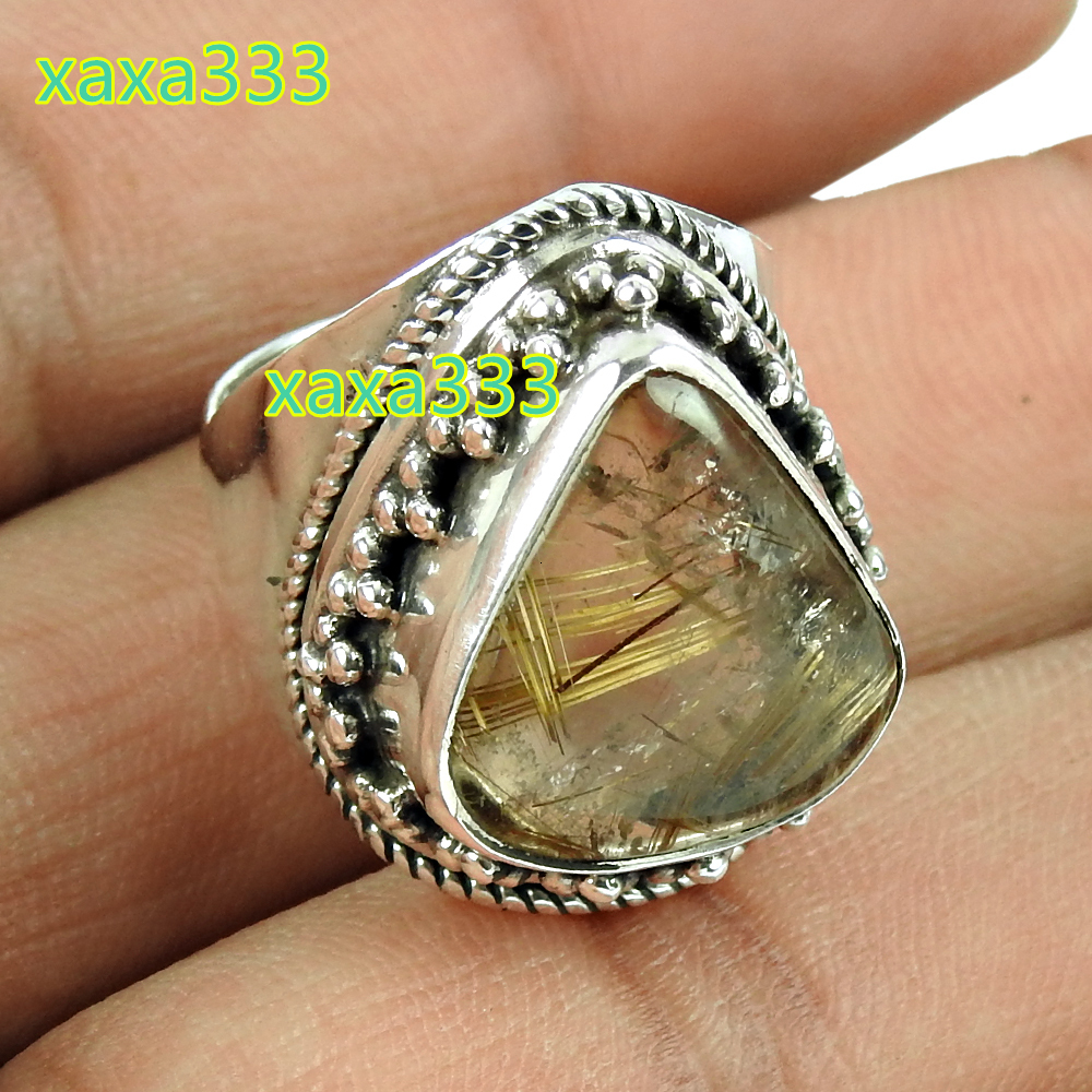Natural 925 Sterling Silver Golden Rutile Handmade Ring for Unisex Jaipur Wholesale Silver Rings Suppliers Custom Silver Jewelry