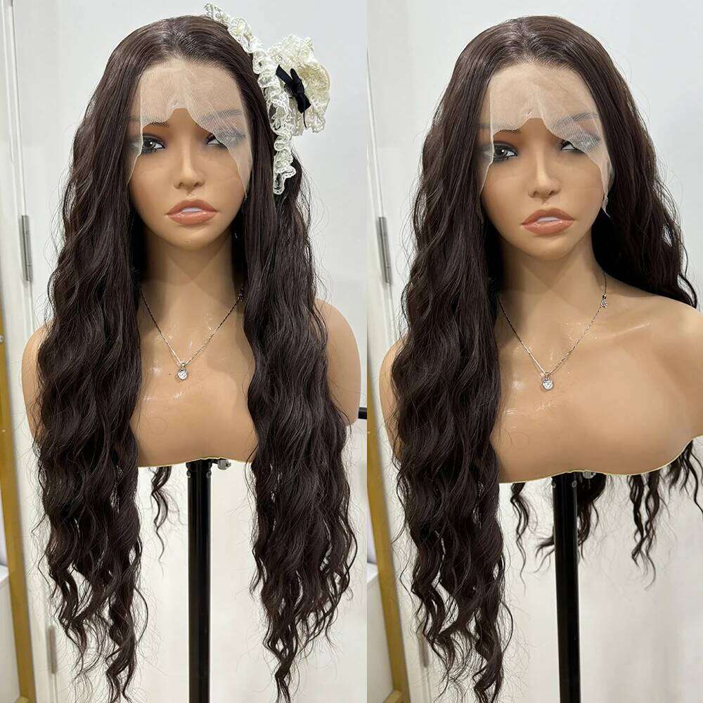 NAMM Chocolate Front Lace Wigs For Women Long Wavy Synthetic Hair Heat Resistant Look Natural Wave Cosplay Brown Wig