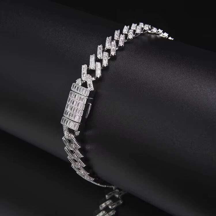 Manufacturer Wholesale White Gold Plated Mens Hip Hop Chain Cz Dia Iced Out Cuban Bracelet with Zircon Pearl Stones