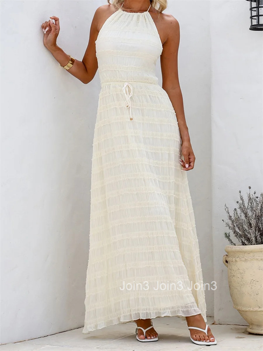 Elegant V-neck Maxi Dress with Ruffle Detail and Adjustable Waist Tie Sleeveless Summer Beach Dress for Women