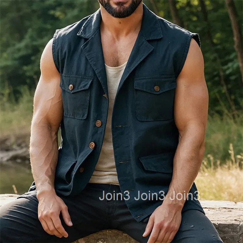 Mens Solid Color Sleeveless Button Down Tank Top with Turn Down Collar and Convenient Pockets for a Stylish Look