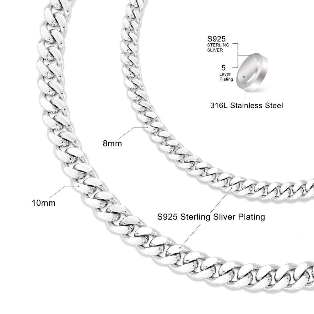 8/10mm Link Unisex Jewelry Gift 316L Stainless Steel and Sterling Sier Filled Miami Cuban Chain Hip Hop Necklace
