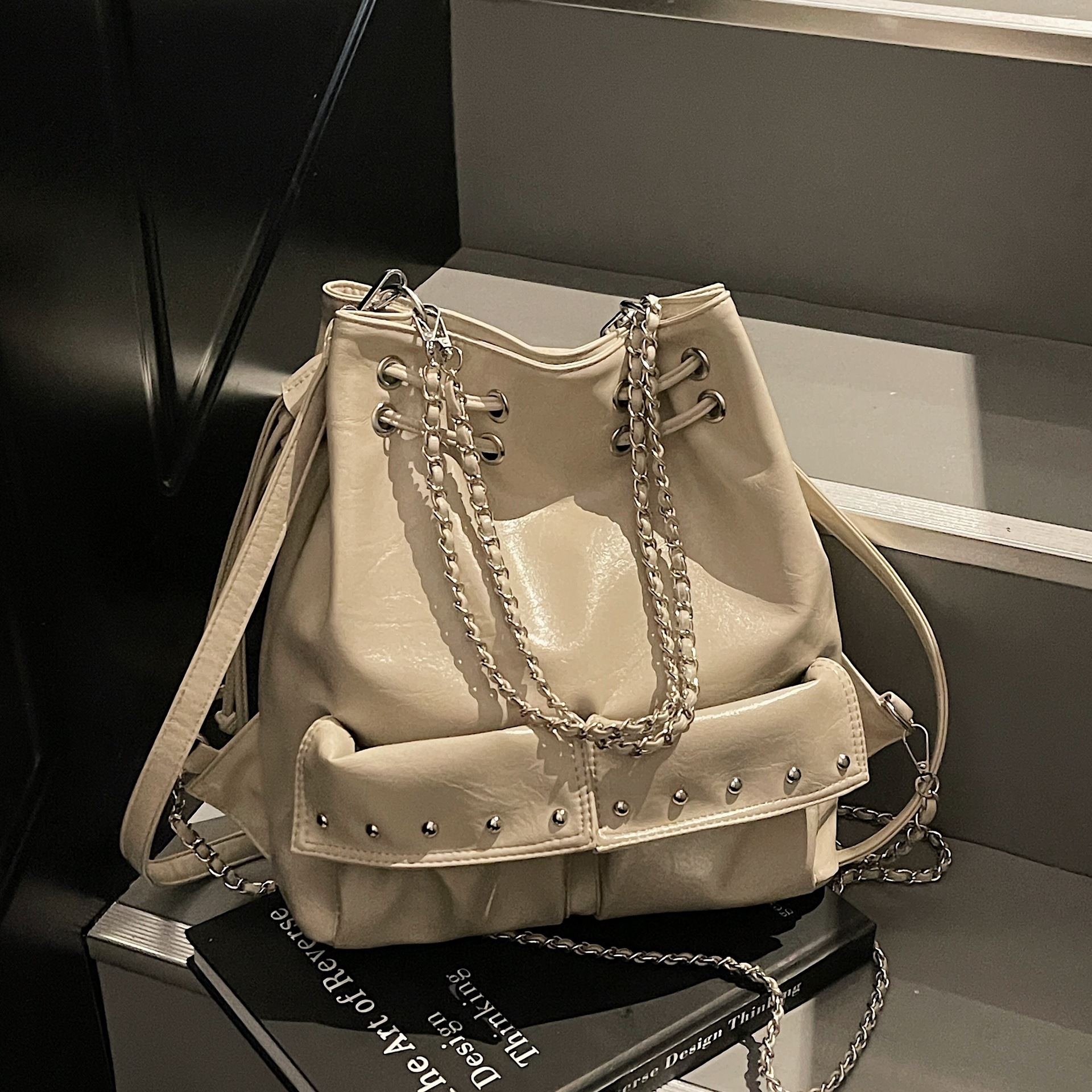 designer Korean Style Motorcycle Rivet Chain Tote Bag for Women, Multifunctional Backpack, Casual Versatile Commuter Large Capacity Shoulder Bag