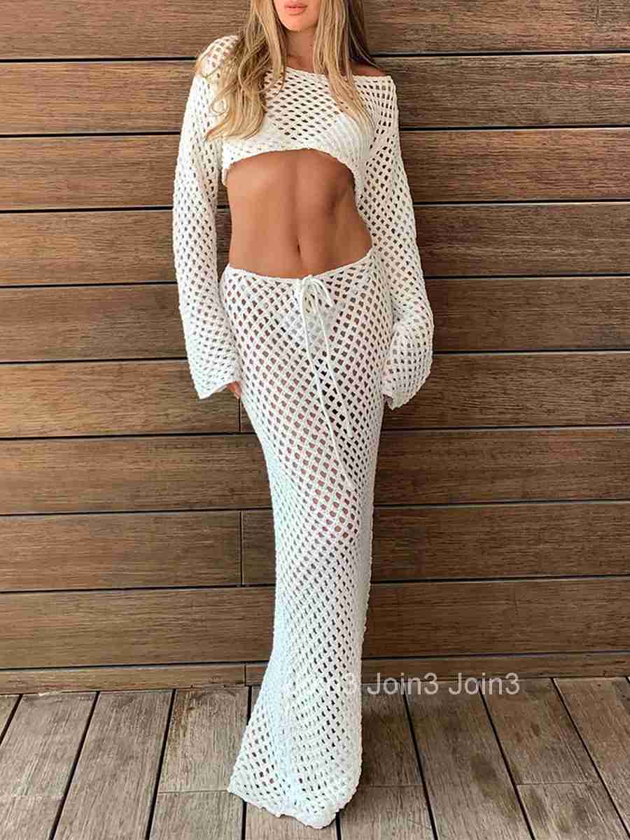 Womens Boho Style Crochet Bikini Cover Up Set Off Shoulder Knit Crop Top with Matching Long Skirt for Beachwear and Pool