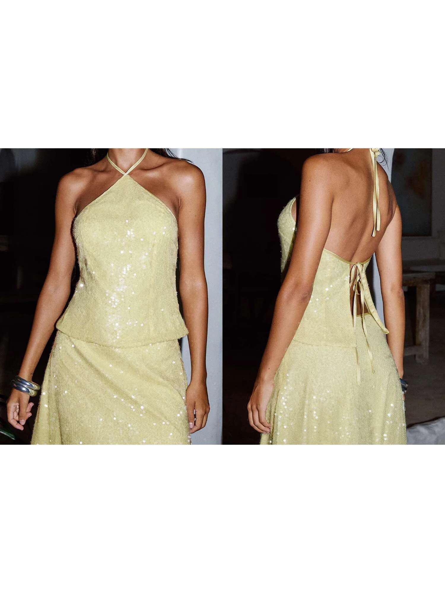 Sequined Halter Neck Crop Top with Tie-up Back and Sleeveless Design for Womens Streetwear Fashion and Grunge Style Clothing