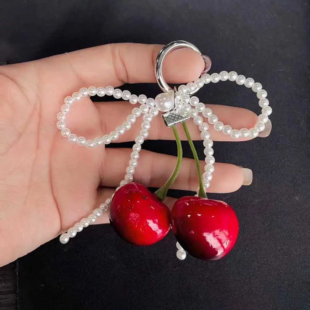 Cherry Pendant Backpack Decoration Keychain Bag Pendant Phone Chain Sweet Imitation Pearl Lace Item Bow Ribbon Hanging Pendant XJ250607