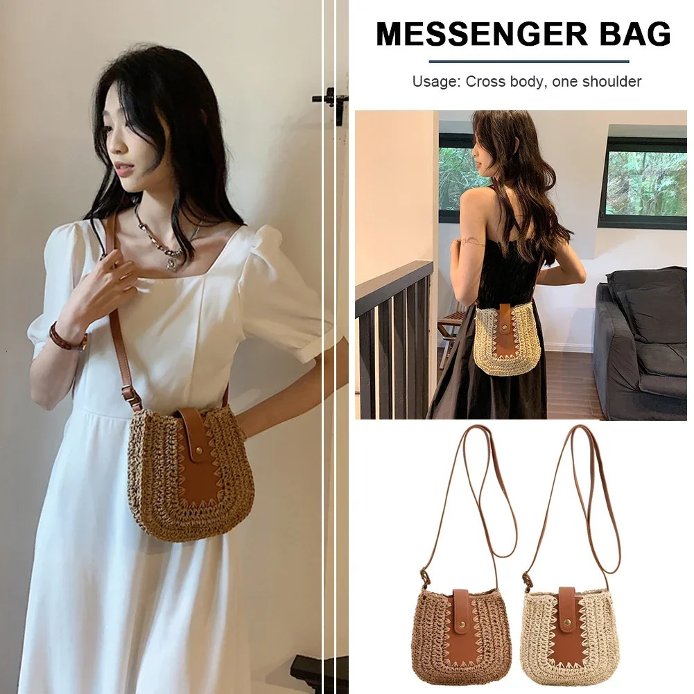 Women Crossbody Bags Bohemia Woven Beach Straw Bag Summer Handmade Paper Rope Simple StrawLeather Casual Mobile Phone Bag 250606