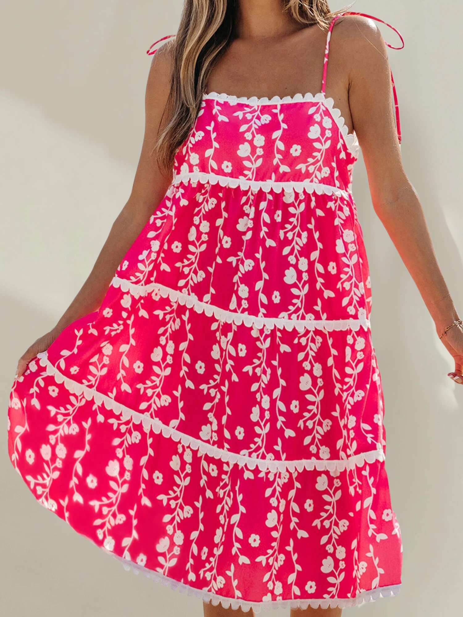 Womens Boho Style Floral Print Sleeveless Mini Dress with Adjustable Spaghetti Straps and Flowy Beach Vibe