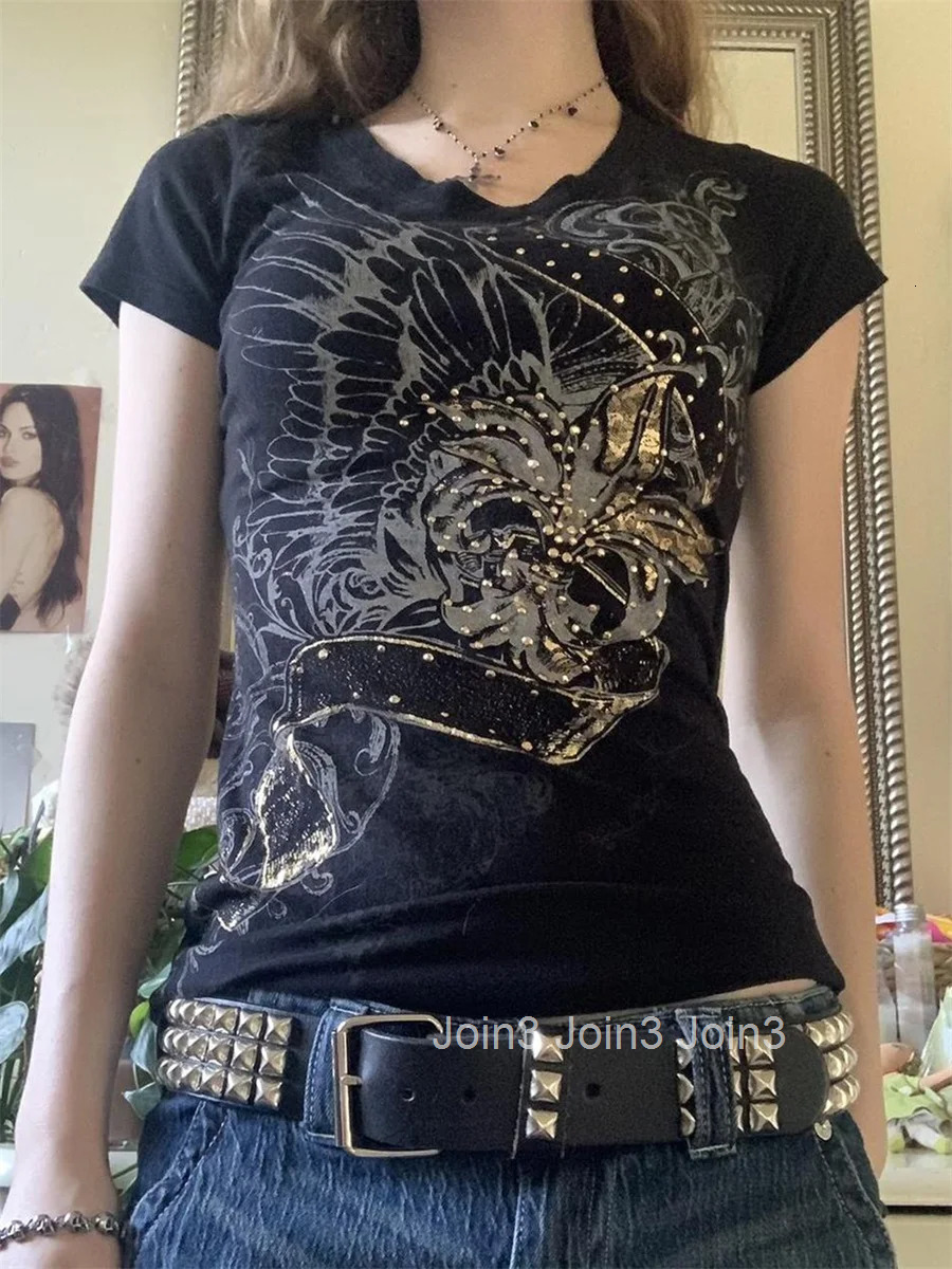 Womens Vintage Grunge Rhinestone Tops with Short Sleeve Round Neck and Wings Print - Stylish T-shirts and Blouses