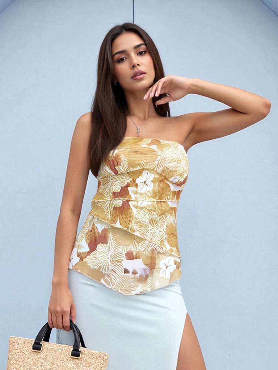 Floral Print Bandeau Tube Top Womens Summer Fashion Strapless Backless Shirt Streetwear Crop Top Beachwear Trendy Style