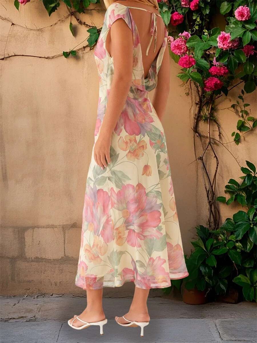 Elegant Floral Print Sleeveless Maxi Dress with Draped Neckline Womens Summer Cocktail Party Long Tank Dress