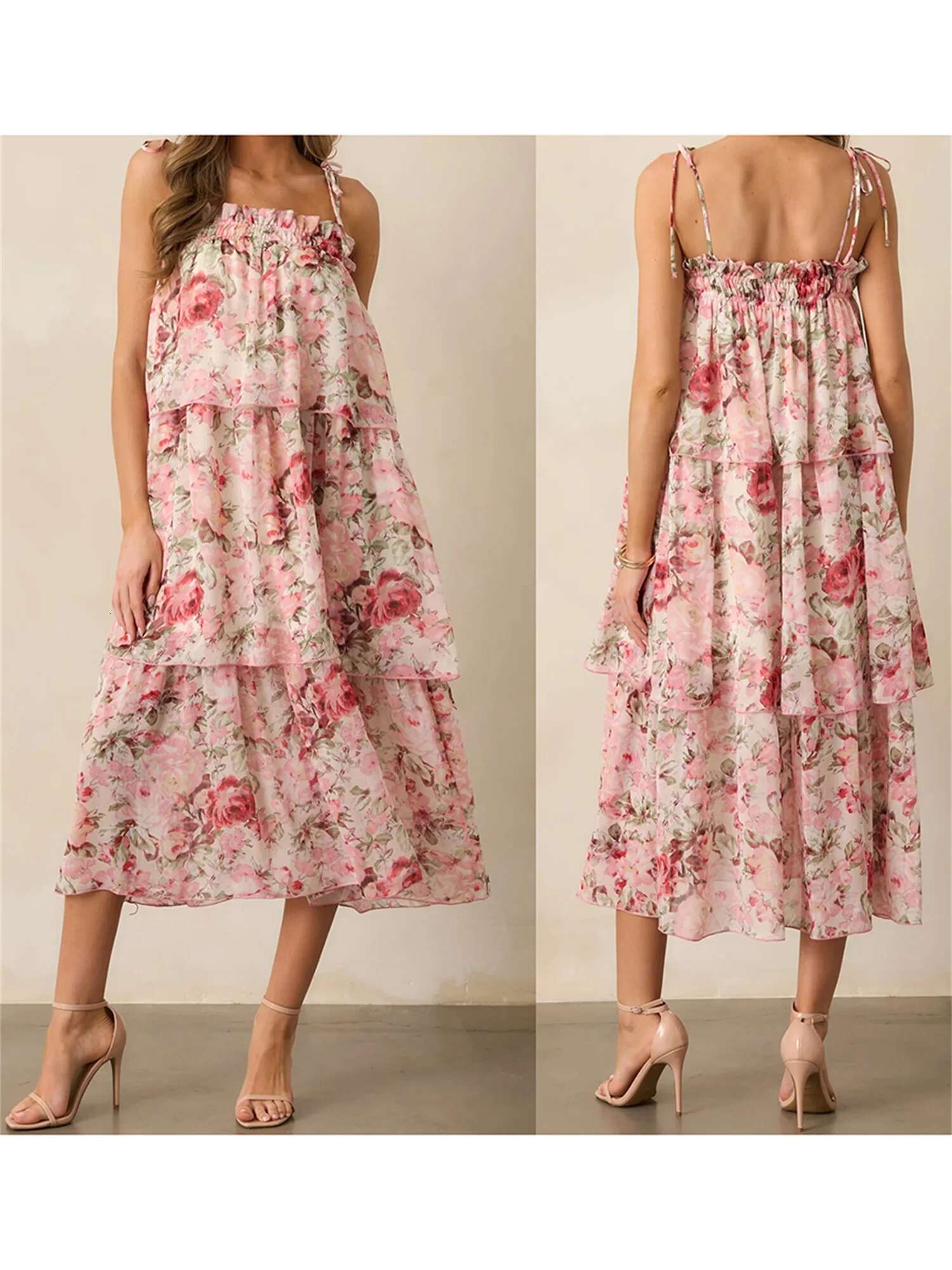 Womens Boho Floral Print Sleeveless Maxi Dress with V-neckline and Tiered Ruffle Hem for Summer Beach Vacation