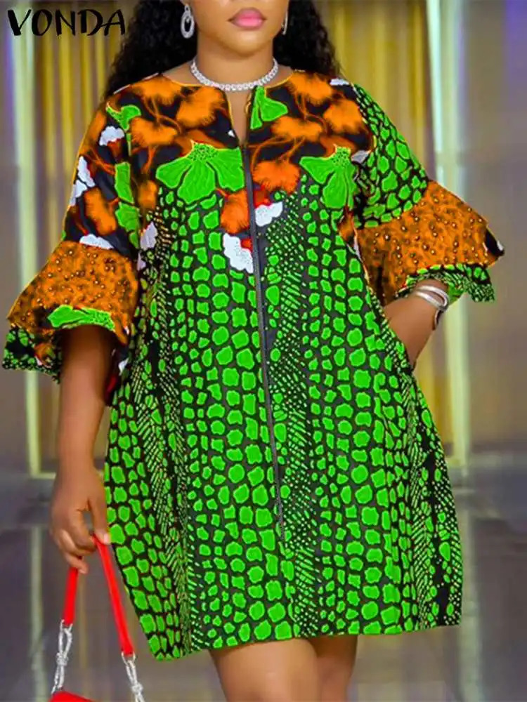 Plus Size 5XL VONDA Women Bohemian Printed Dress 2025 Summer Short Flare Sleeve Party Sundress Casual Vestido Robe Femme 250526