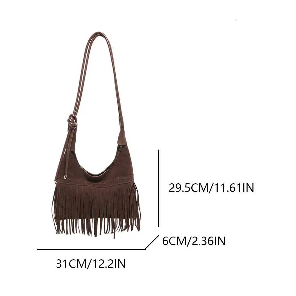 Women Suede Shoulder Bag with Tassels Crossbody Bag Adjustable Strap Retro Handbag Solid for Work Travel 250606