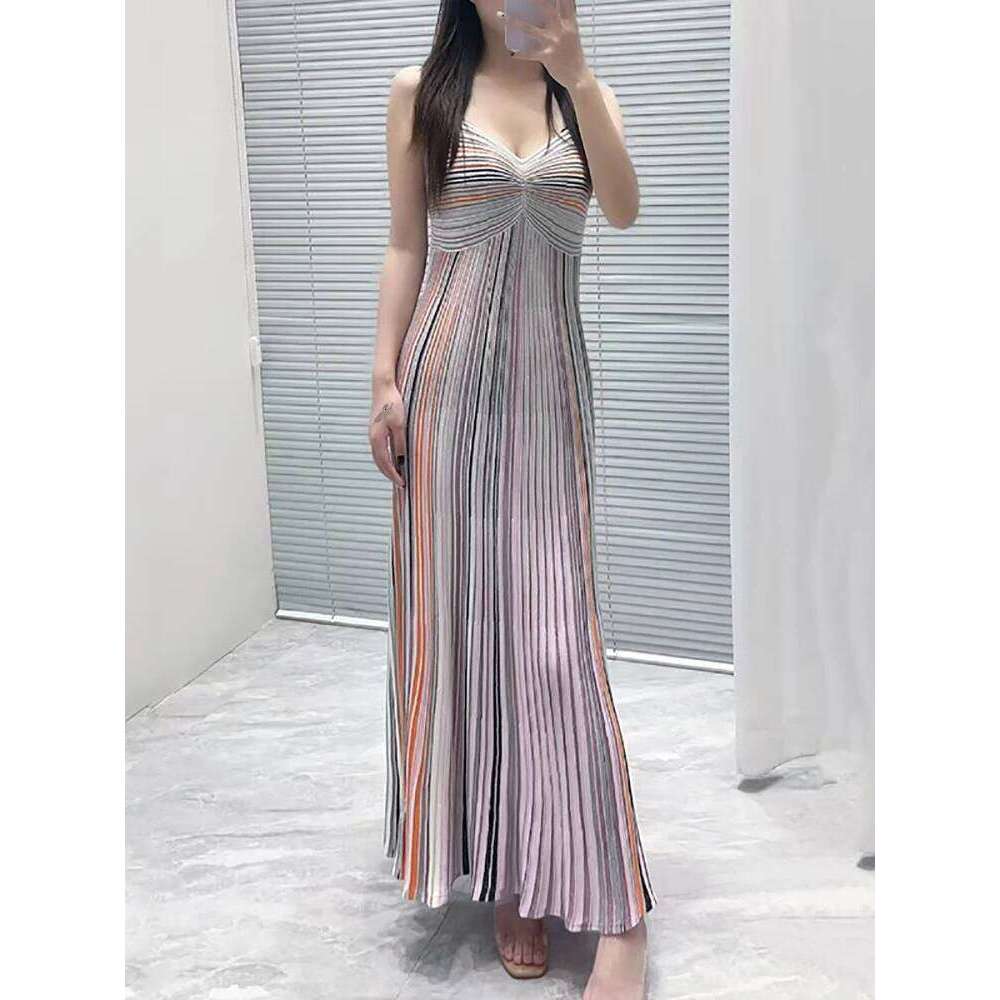 Women's Colorful Striped Knit Fashion Sexy Backless Halter Pleated Long High Quality Vacation Style Dress, 2025