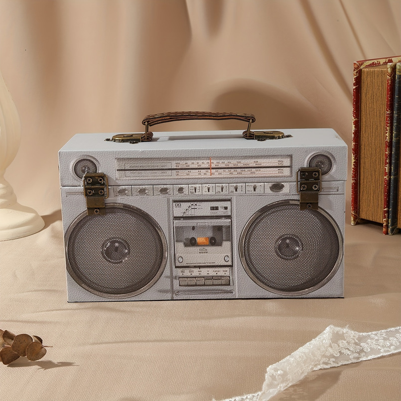 A Large Rectangular PU Radio Pattern Wooden Storage Box, Style, with Handle Flip Cover, Home Decor Ornament, Privacy Storage, New Year Gift Box