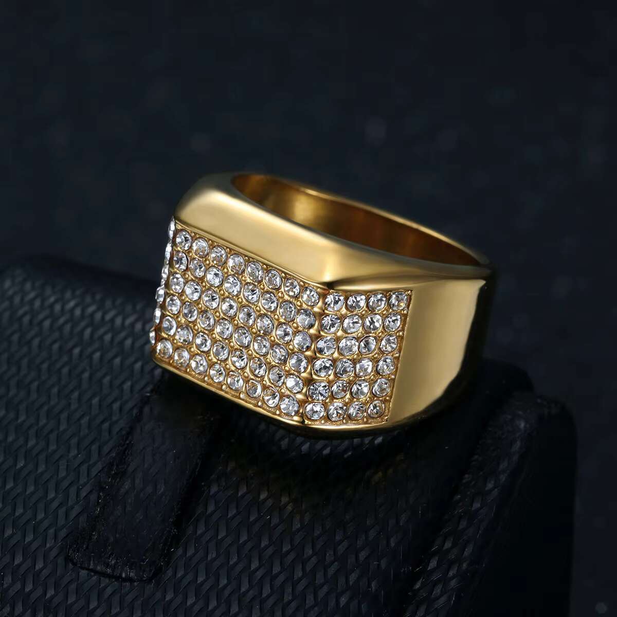 Popular Trendy Nightclub Hip Hop HIPHOP Ring Stainless Steel Gold Plated Full Diamond Mens Ring