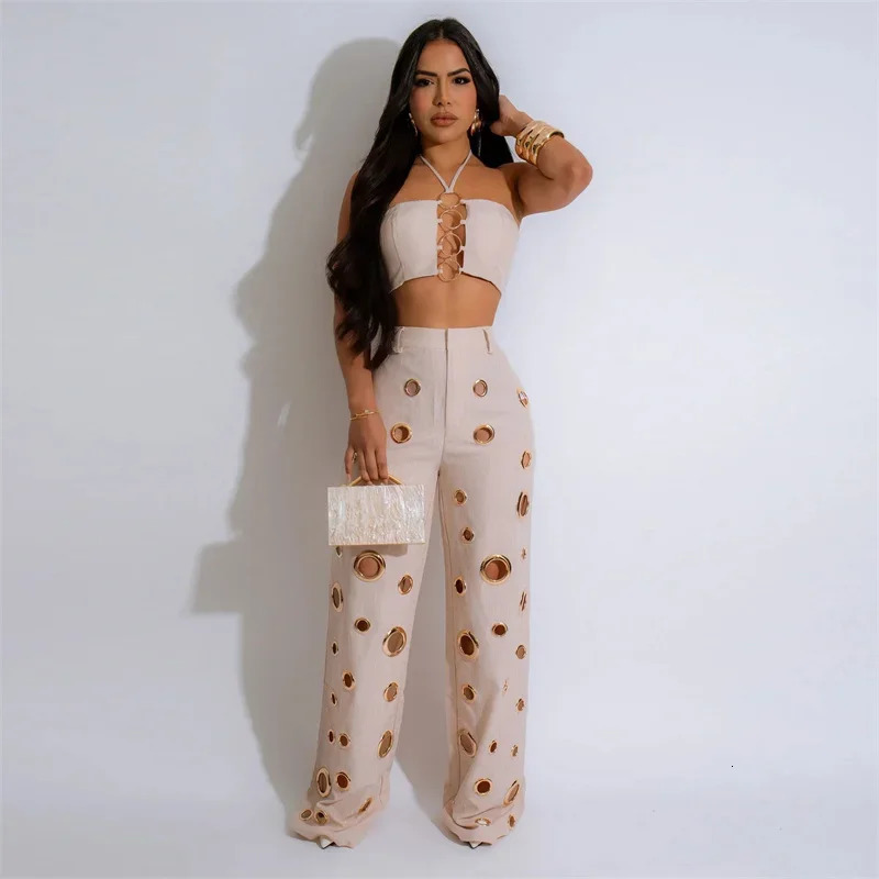 Sexy Night Party 2 Piece Sets Women Outfit Clubwear Festival Clothing Halter Strapless Crop Top and Hollow Out Wide Leg Pants 250605