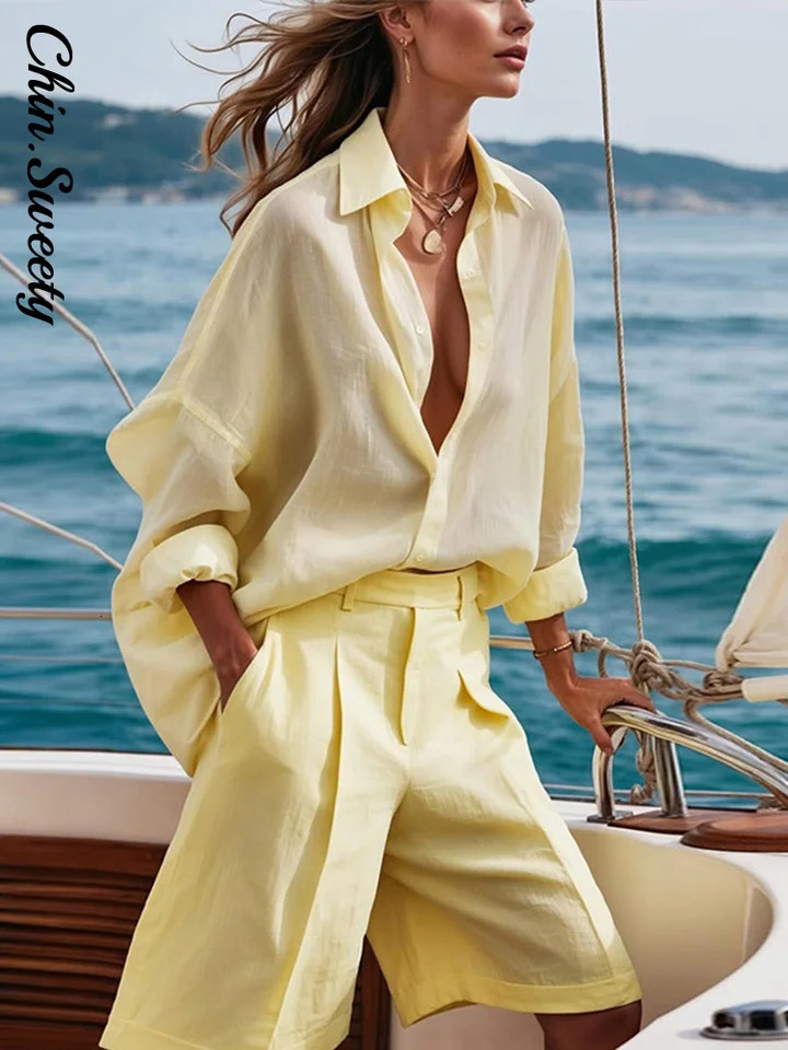 Fashion Womens Shirt Shorts Suits Long Sleeve Turn-Down Collar Button Short Pants Solid Lady Sets 2025 Summer Women Outfit 250605