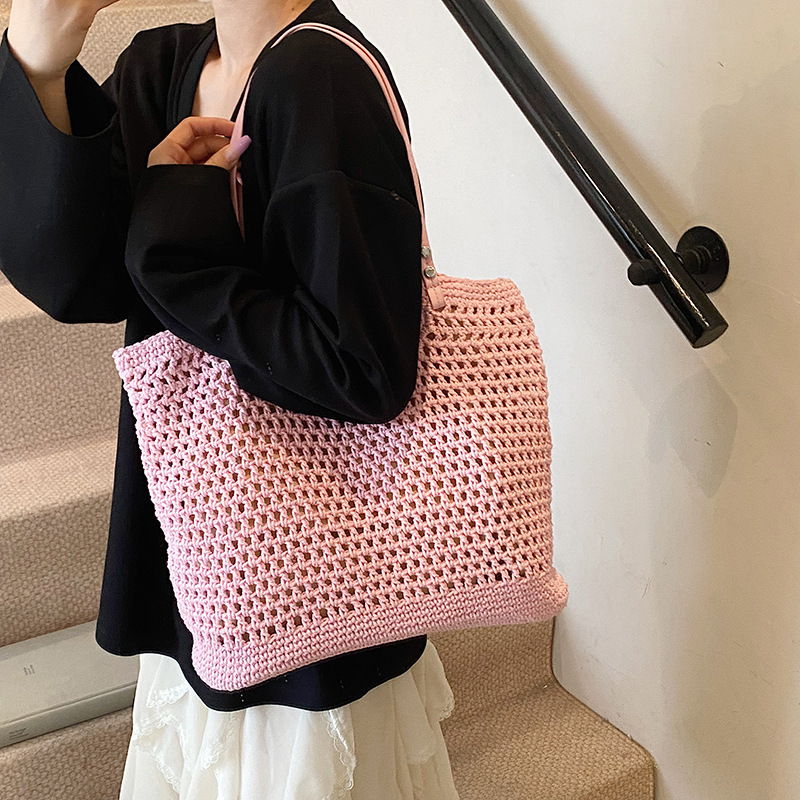 designer Casual Hollow Out Single Shoulder Cotton Woven Bag New Lazy Style Handheld Straw Bag Beach Vacation Beach Bag Women's Bag