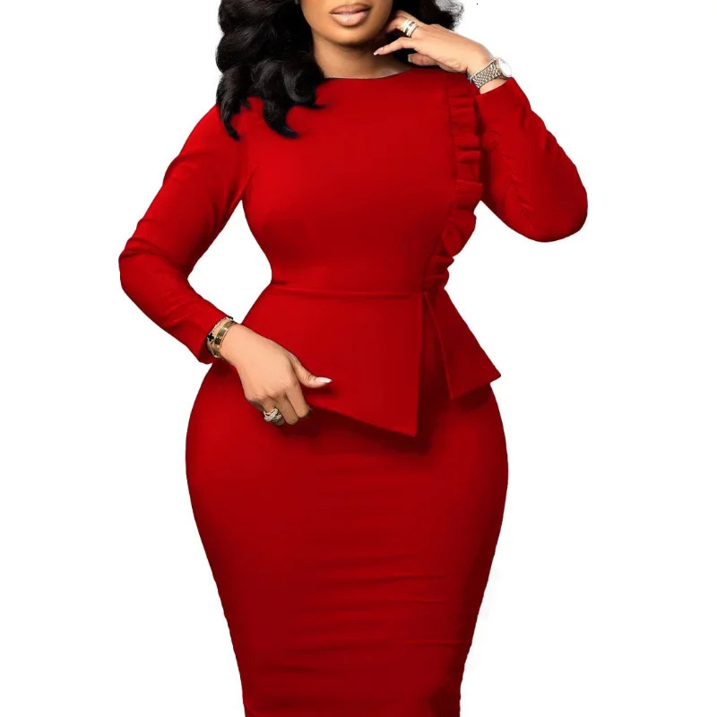 African Dresses for Women Spring Bodycon Midi Dress Daily Elegant High Waist Long Sleeve Robe Femme African Clothes 250603