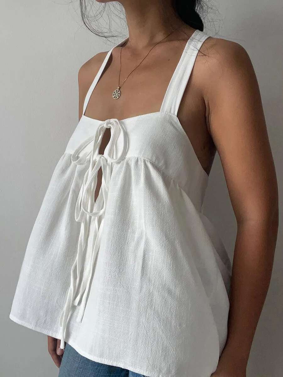 Womens Halter Neck Sleeveless Crop Top with Lace-up Back Detail Sexy Solid Striped Camisole for Night Out Clubwear