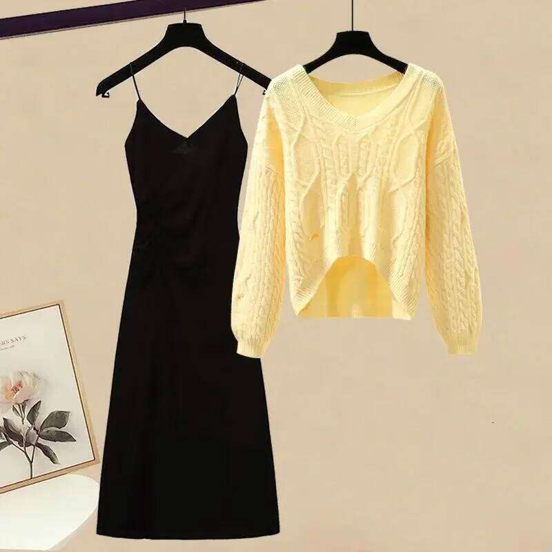 Autumn Winter Knitted Dress Set for Women with Hole Design Camisole Inner Wear Casual Japanese Style Fashion Half Skirt Suit