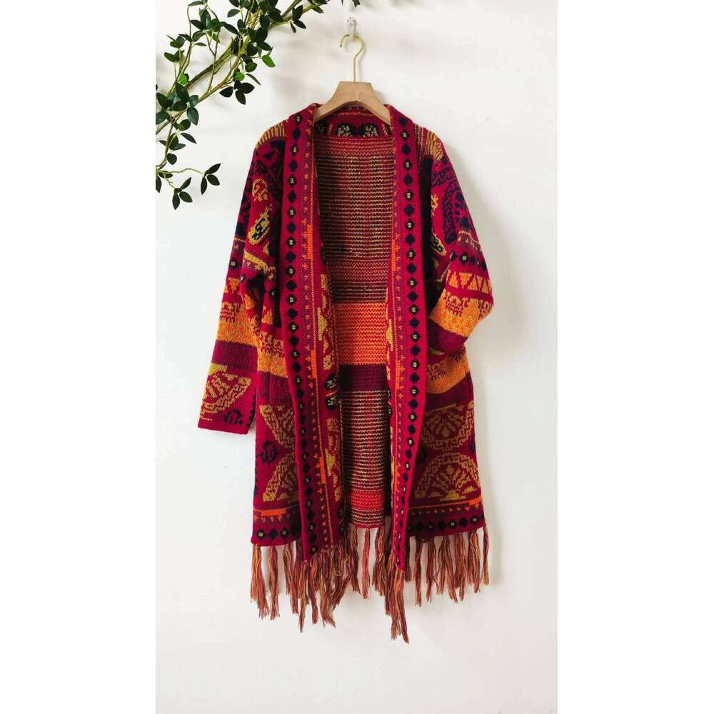 Autumn And Winter Retro Jacquard Ethnic Style Women's Loose Long Sleeves Tassel Hem Midi Wool Cardigan Sweater Jacket