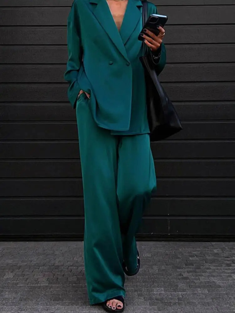 Women Pant Sets Elegant Laple Full Sleeve Button Blazers Loose High Waist Trousers Female Suits 2025 Spring Fashion Lady Outfits 250605