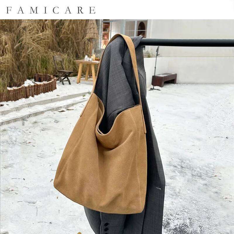 2025 Women's Frosted Leather Tote Large Capacity Soft Suede Bucket Handbag Lady Minimalist Underarm Hobo Shoulder Bag 250605