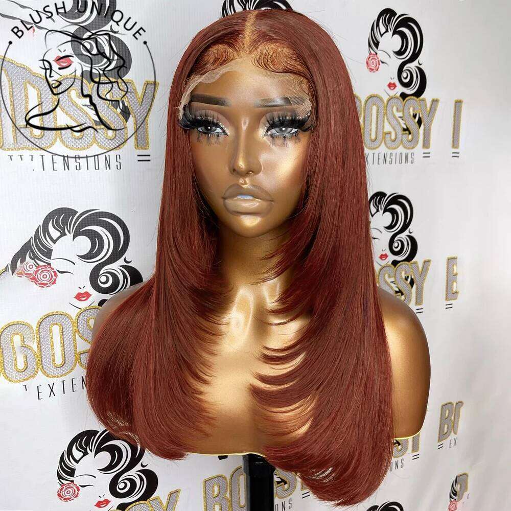 NAMM Reddish Brown Straight Layered Front Wigs For Women Copper Red Pre Plucked Lace Frontal Layers Glueless Synthetic Wig