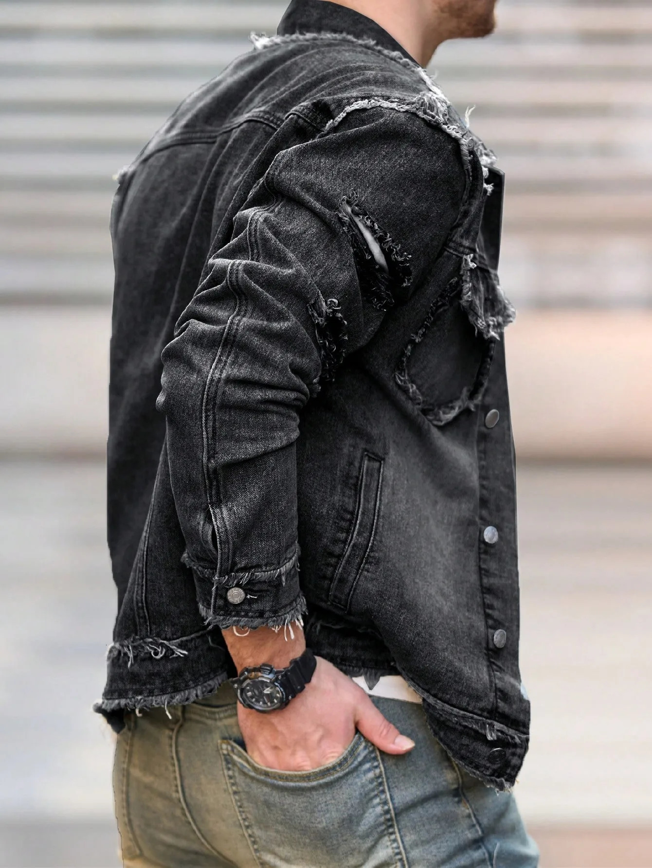 1pc Mens U2K Retro Ripped Raw Edge Hole Casual Denim Jacket Simple American n Suitable for Daily Wear Flight 250530