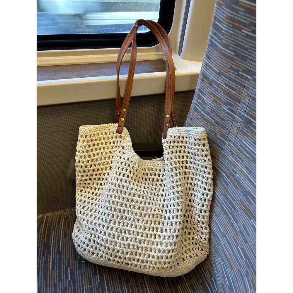 Trending MUJI Style Cotton Summer Woven Hollow Handbag Unique Design Mesh Bag for Women