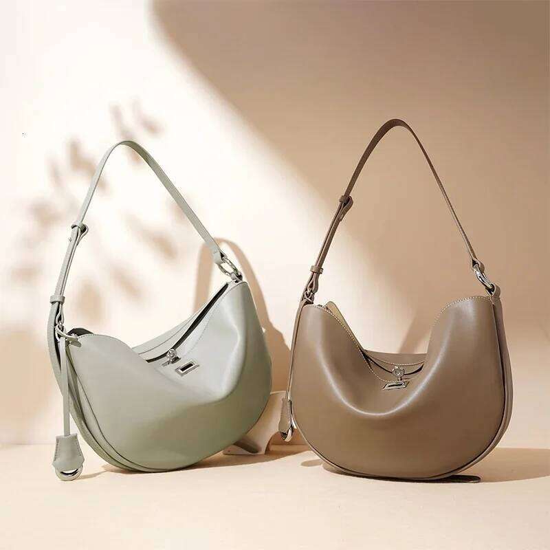 OLOEY Genuine Leather Crescent Crossbody Shoulder Bag,Niche Designer Cowhide Handbag,Simple Buckle Classic Women Messenger Bag