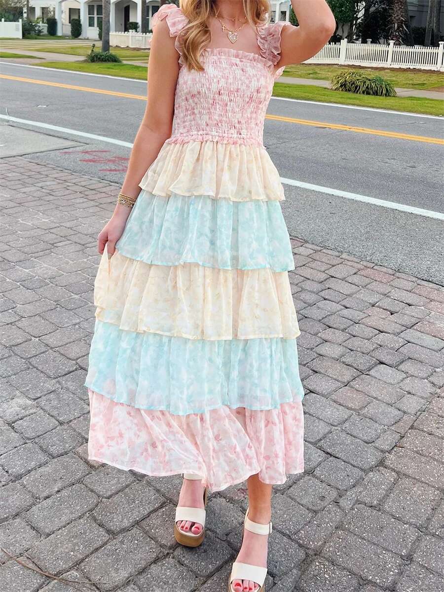 Womens Elegant Floral Print Chiffon Maxi Dress with Spaghetti Straps and A-line Silhouette for Summer Beach Wedding Party