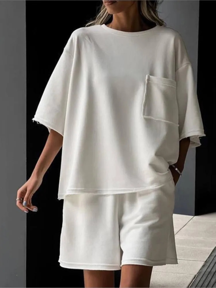 Casual Simple Short Style Sports Two Piece Set Women Solid Color Loose Half Sleeves T Shirt Shorts 2 Piece Sets Lady Streetwear 250605